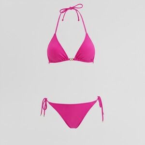 Michael‎ Kors 2 PC Triangle Bikini Top W/Gold Curb-Link Chain Swim Pink SZ M New